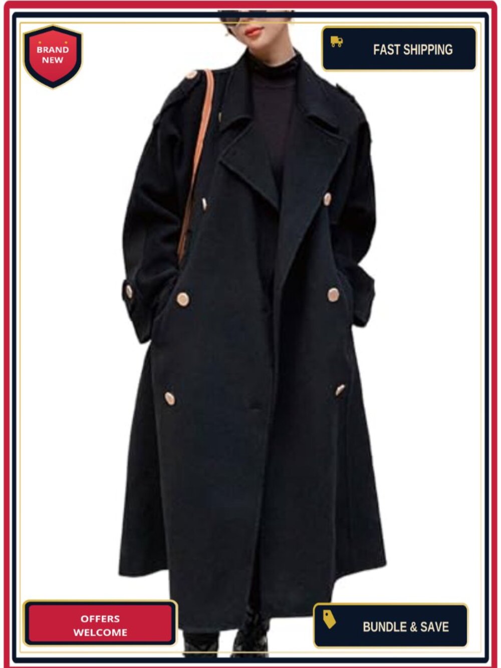 Women's Double Breasted Midi Long Wool Blend Pea Coat Notch Lapel Trench
